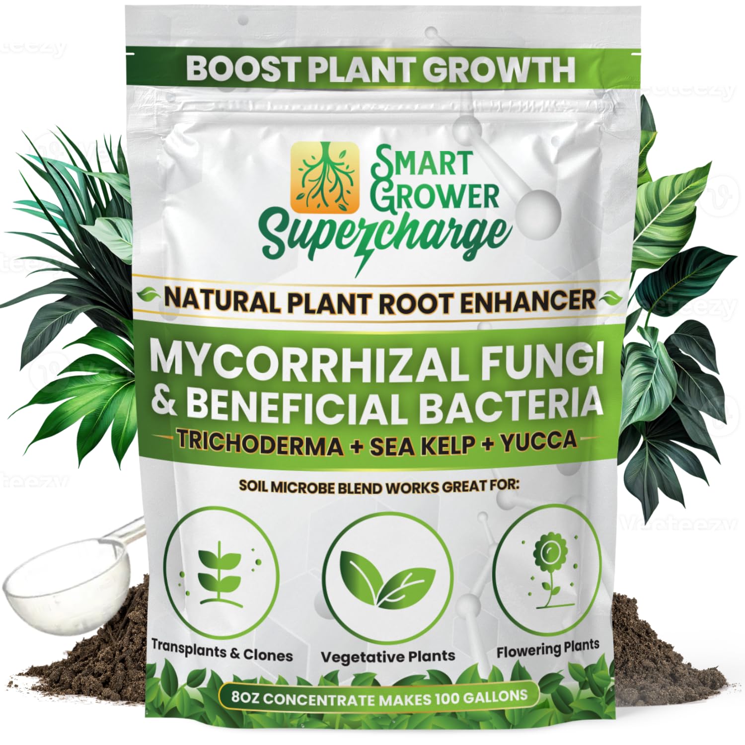 Smart Grower root enhancer bottle label showing concentrated formula for root health