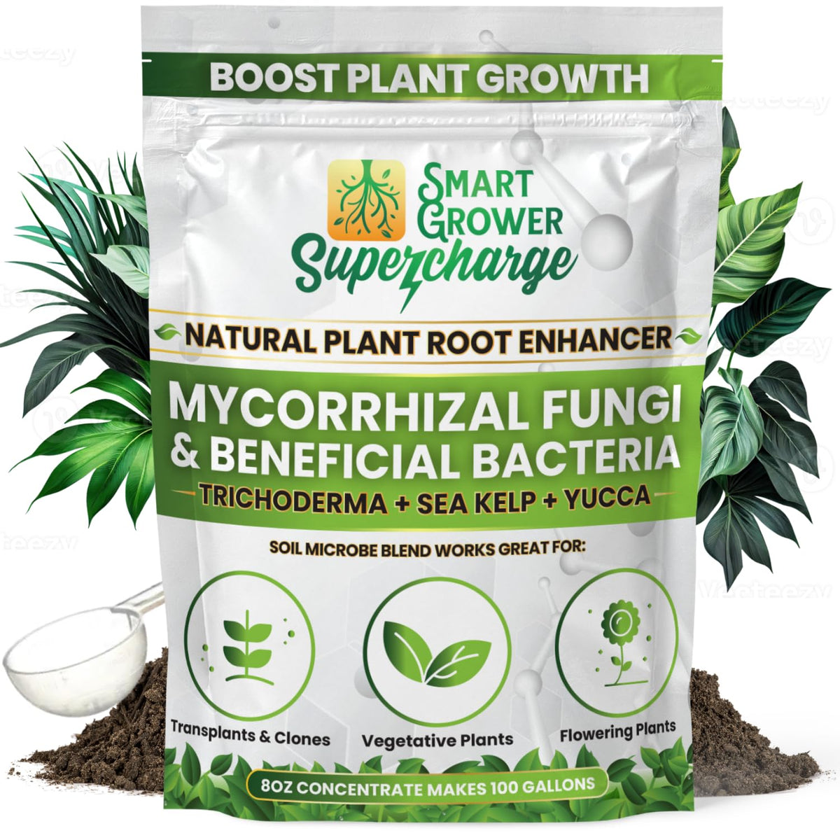 Smart Grower root enhancer bottle label showing concentrated formula for root health