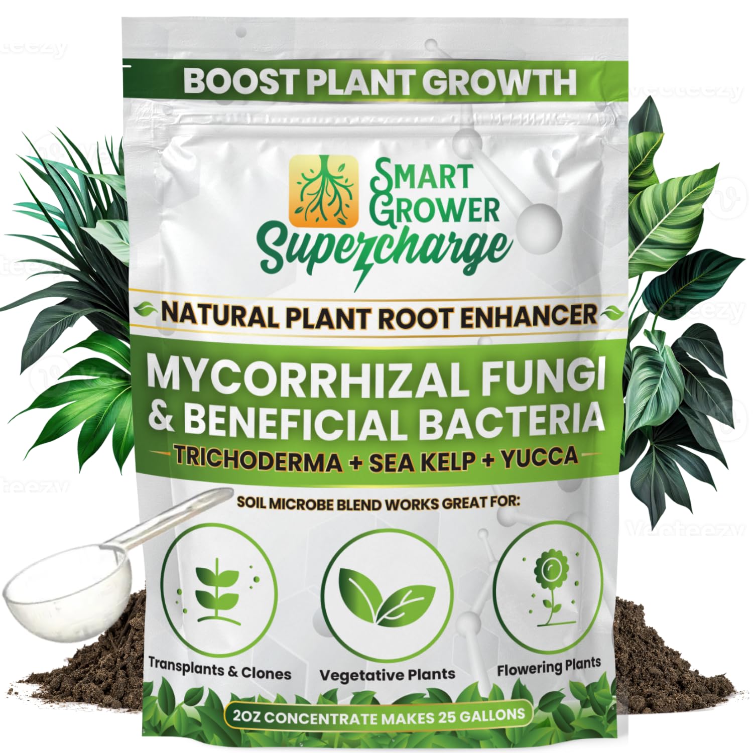 Smart Grower root-enhancer powder bottle close-up shows concentrated formula boosting root health