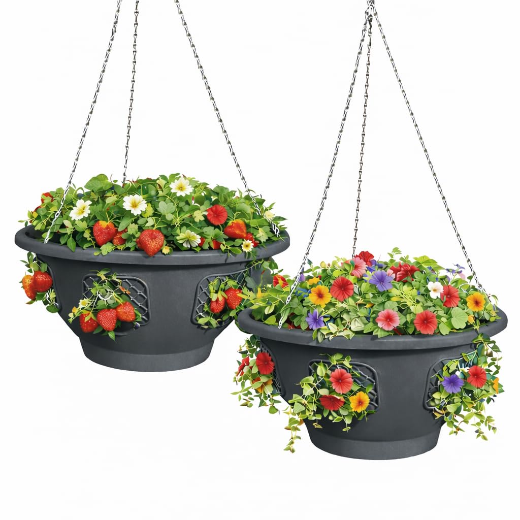 Smart Spring Ultimate Hanging Baskets with strawberry plants on a balcony for a fresh harvest.