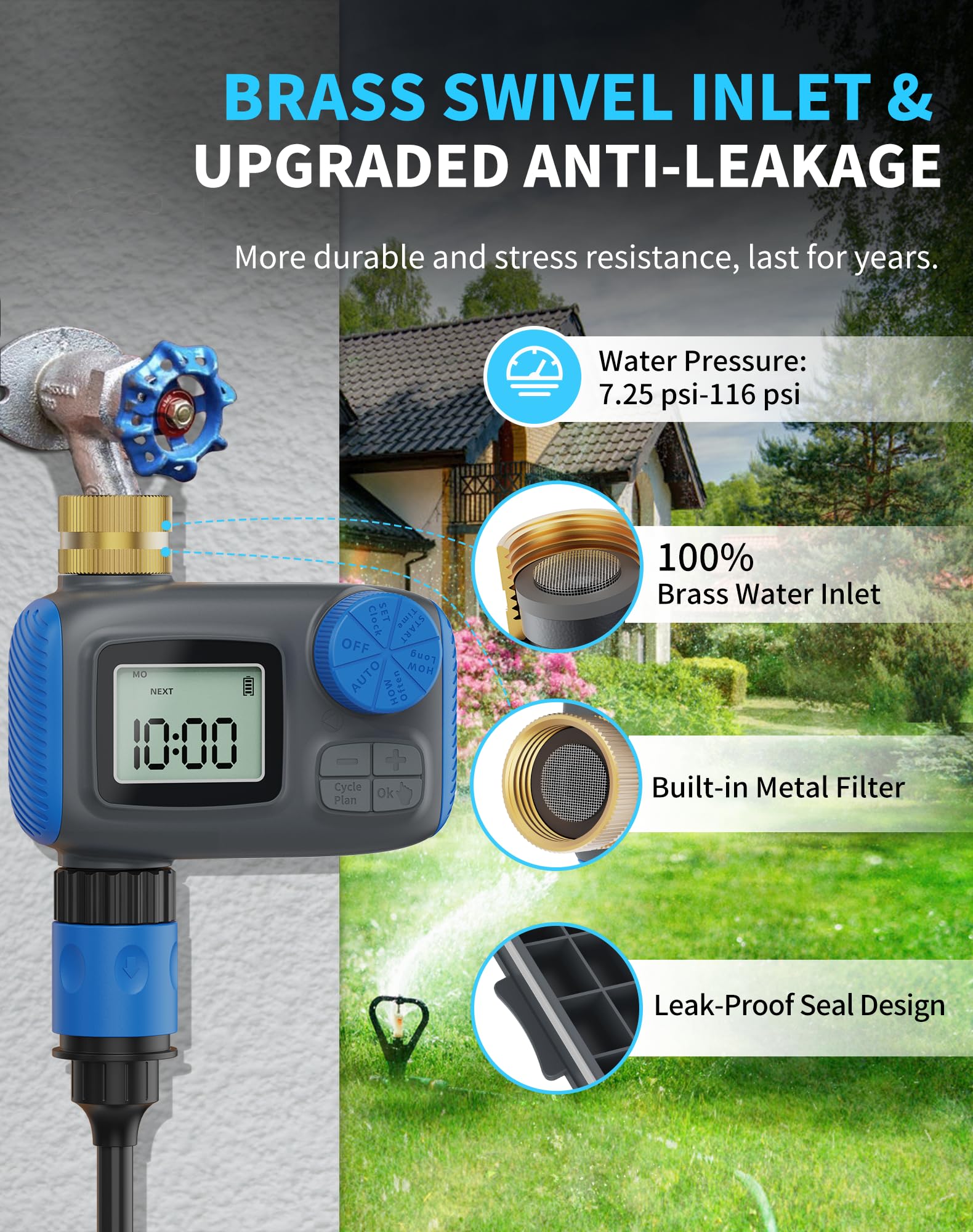 Smartale timer features brass swivel for easy alignment and a secure watertight fit.