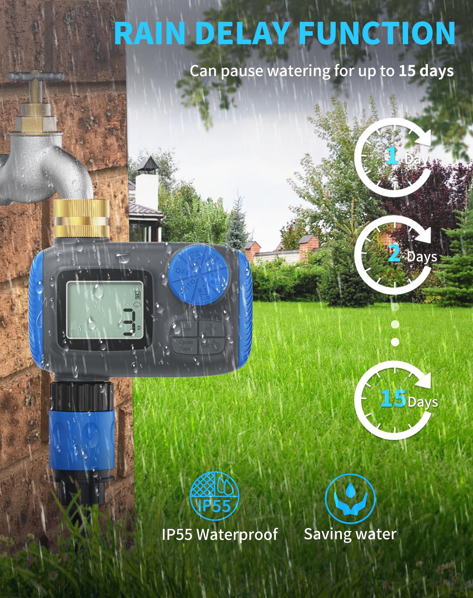Rain delay feature pauses watering during rain for efficient water use.