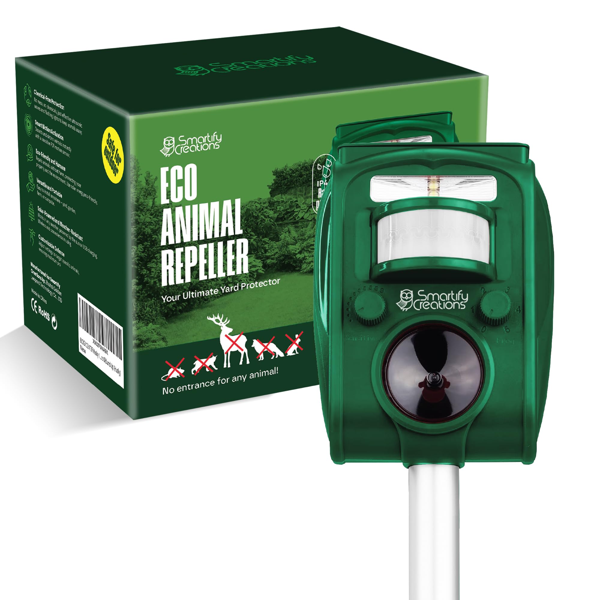 Smartify Creations solar deer repellent device outdoors deters deer and protects garden plants.