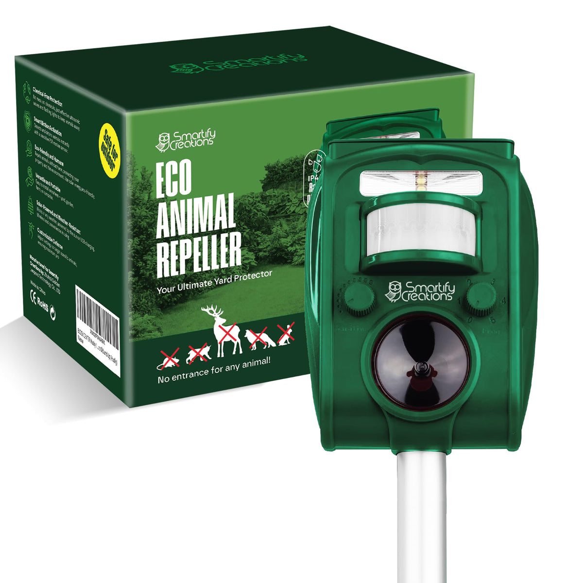 Smartify Creations solar deer repellent device outdoors deters deer and protects garden plants.