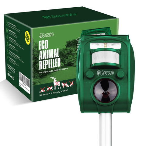 Smartify Creations solar deer repellent device outdoors deters deer and protects garden plants.