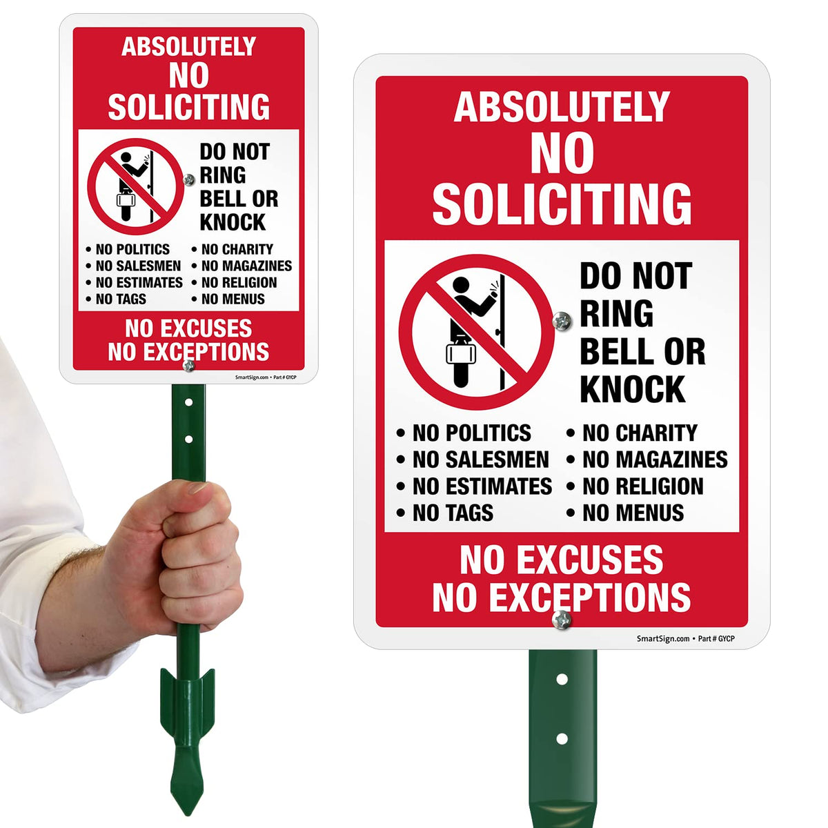 SmartSign Absolutely No Soliciting yard sign front view for outdoor longevity.