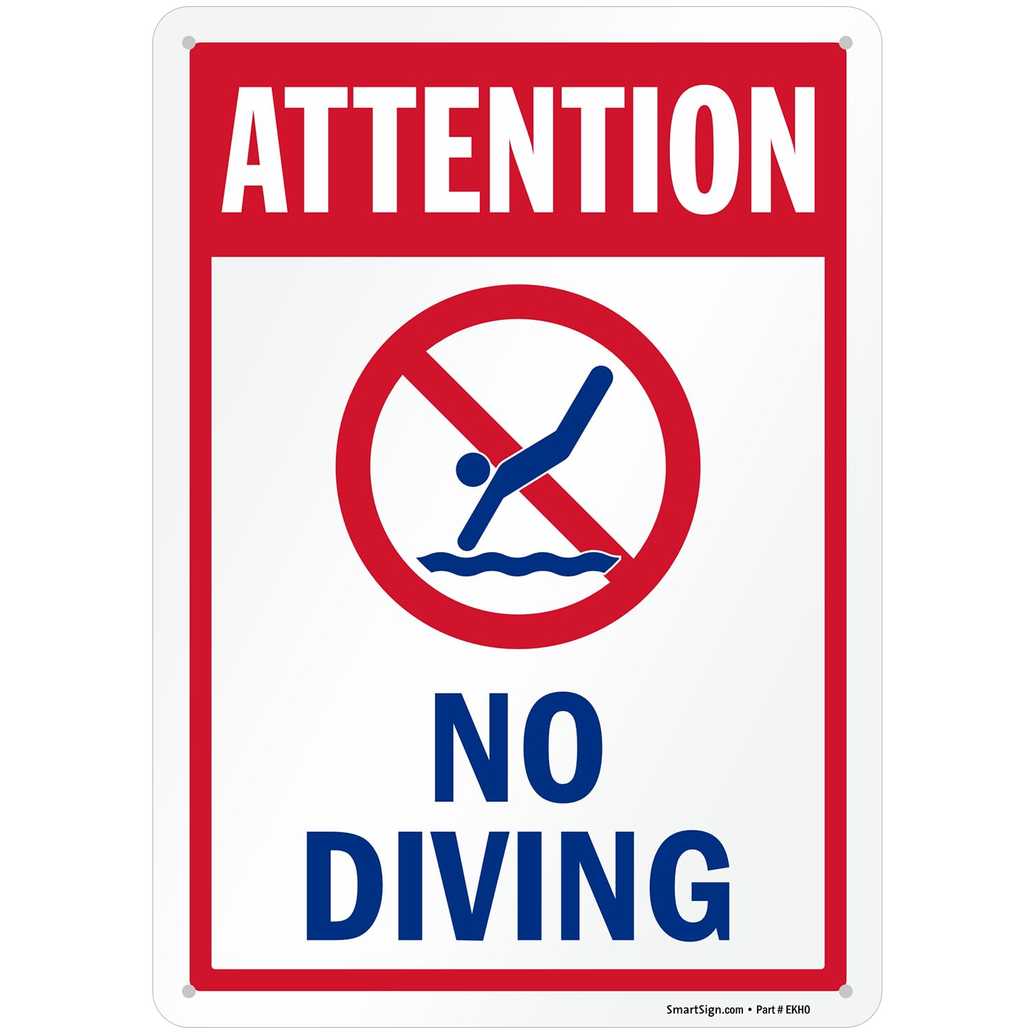 SmartSign Attention No Diving sign front view, durable outdoor pool safety reminder.