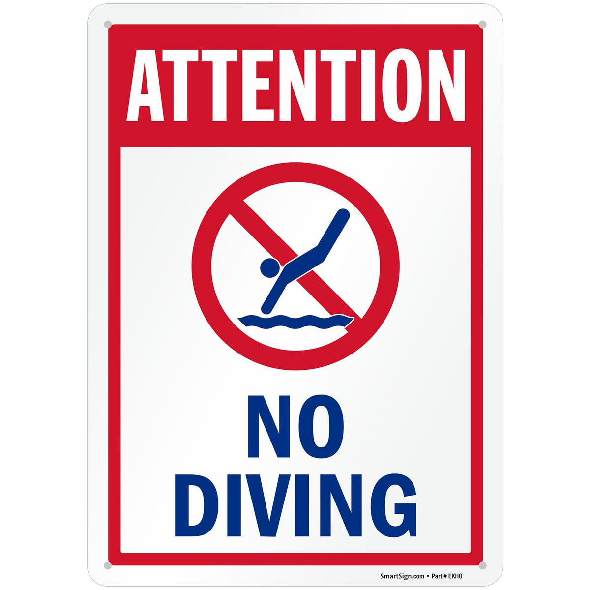 SmartSign Attention No Diving sign front view, durable outdoor pool safety reminder.