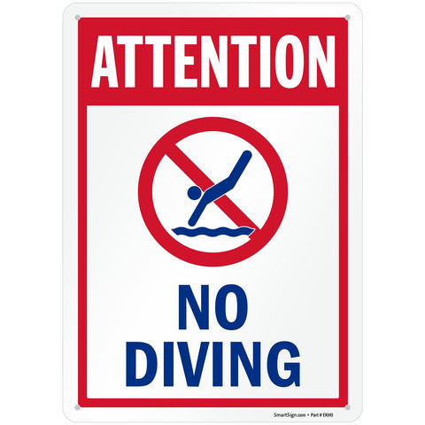 SmartSign Attention No Diving sign front view, durable outdoor pool safety reminder.