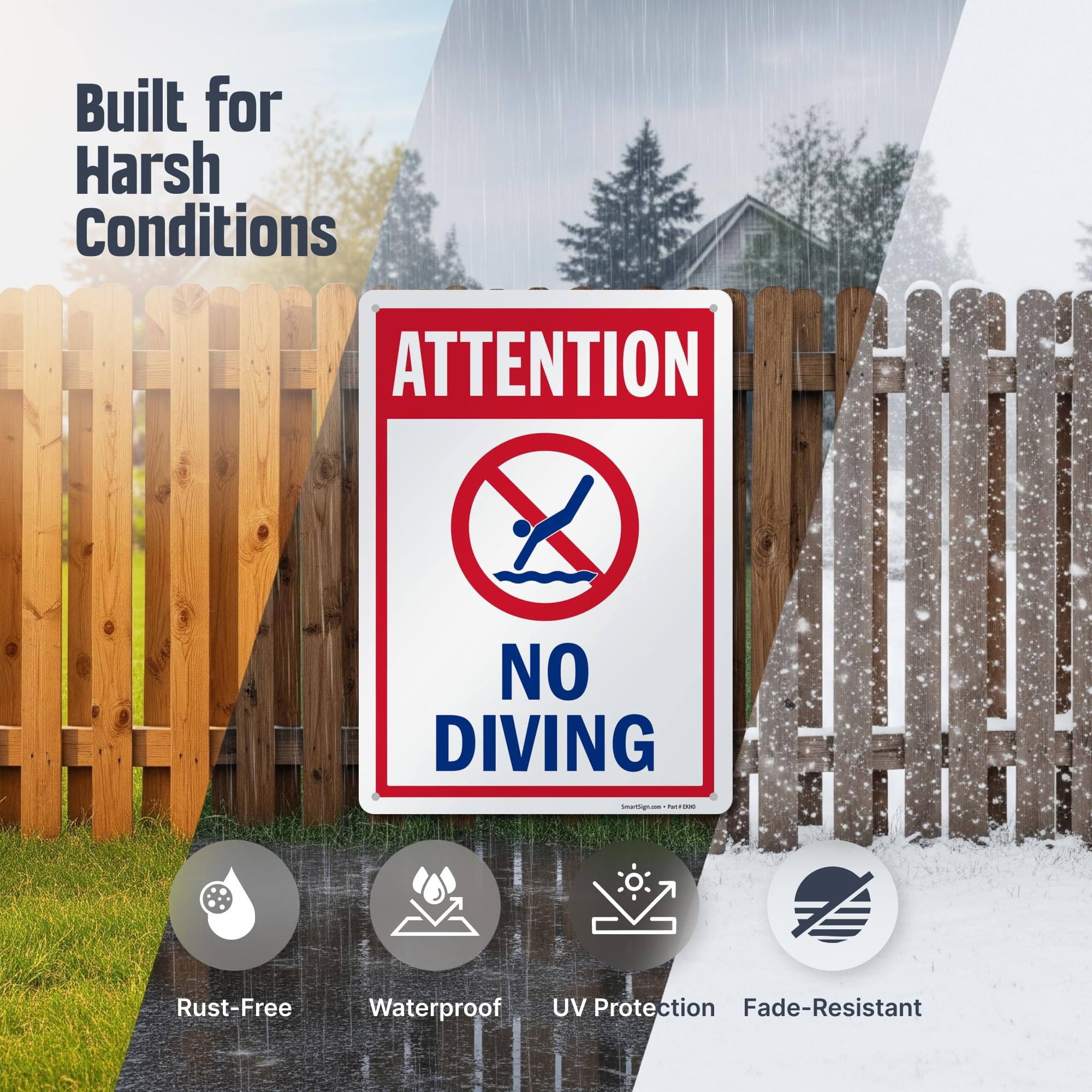 SmartSign Attention No Diving sign close-up, laminated for weather resistance and long-lasting color.
