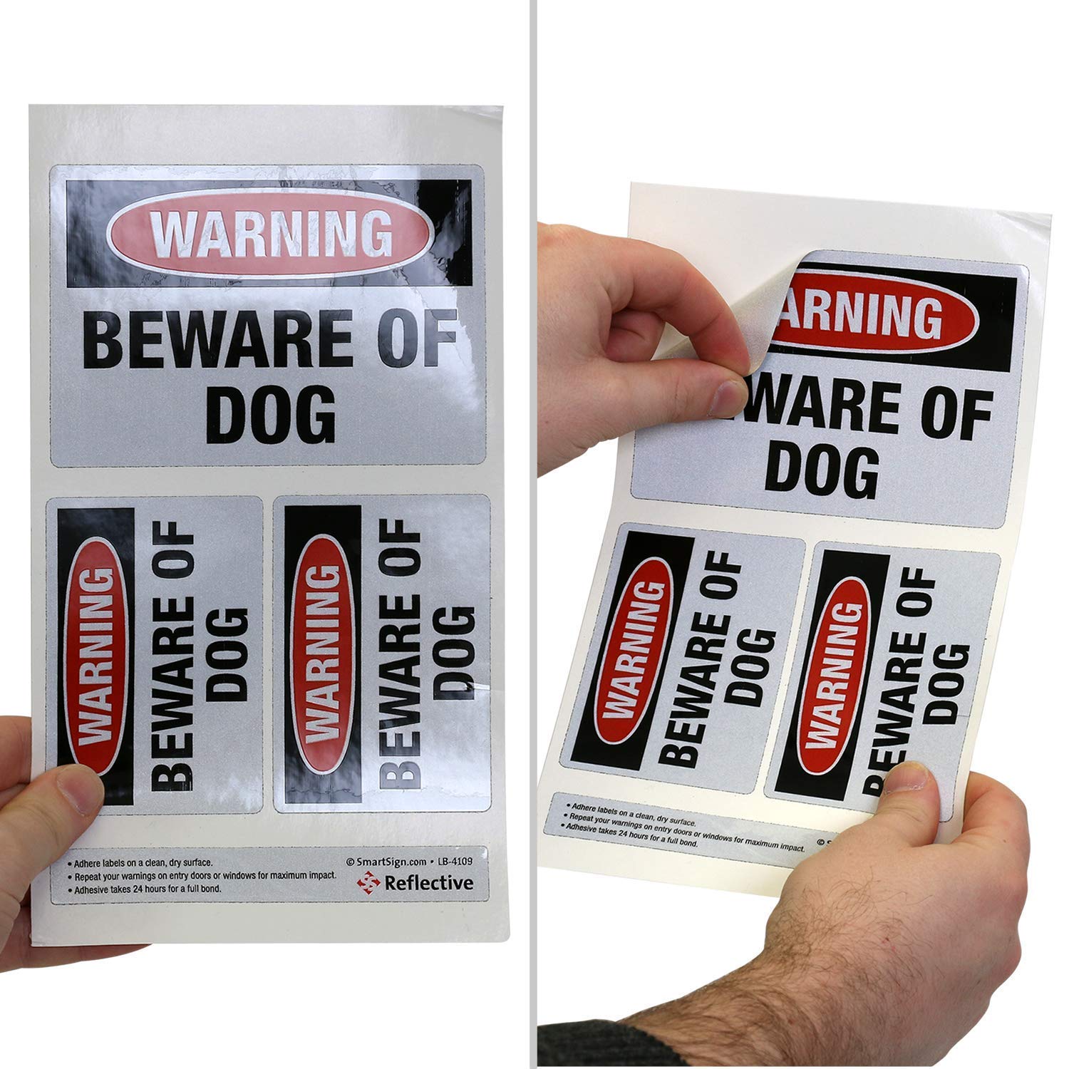 SmartSign Beware of Dog decal 2.75x4 close-up showing adhesive backing.