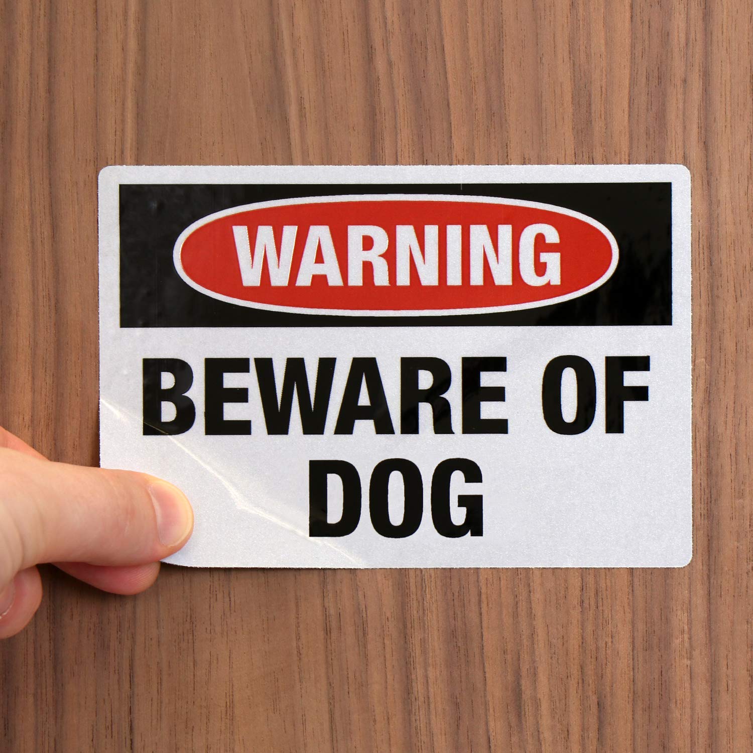 SmartSign Beware of Dog decals ready to install on multiple surfaces.