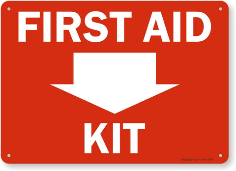 SmartSign First Aid Kit sign with down arrow; durable outdoor signage for clear guidance.