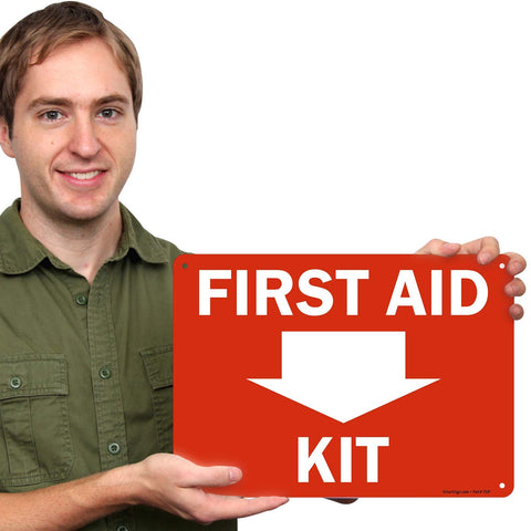 SmartSign First Aid Kit sign with down arrow; front view shows bold red and white contrast.