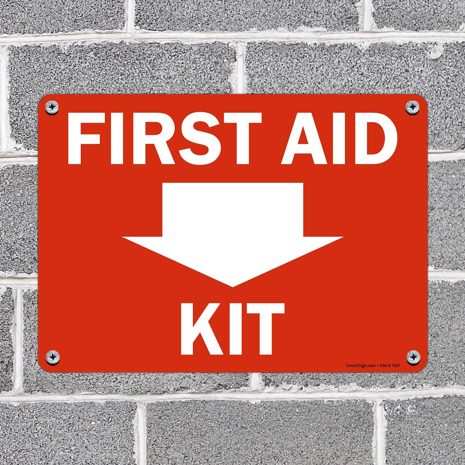 SmartSign First Aid Kit sign with down arrow; ready for indoor or outdoor installation.