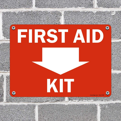 SmartSign First Aid Kit sign with down arrow; ready for indoor or outdoor installation.