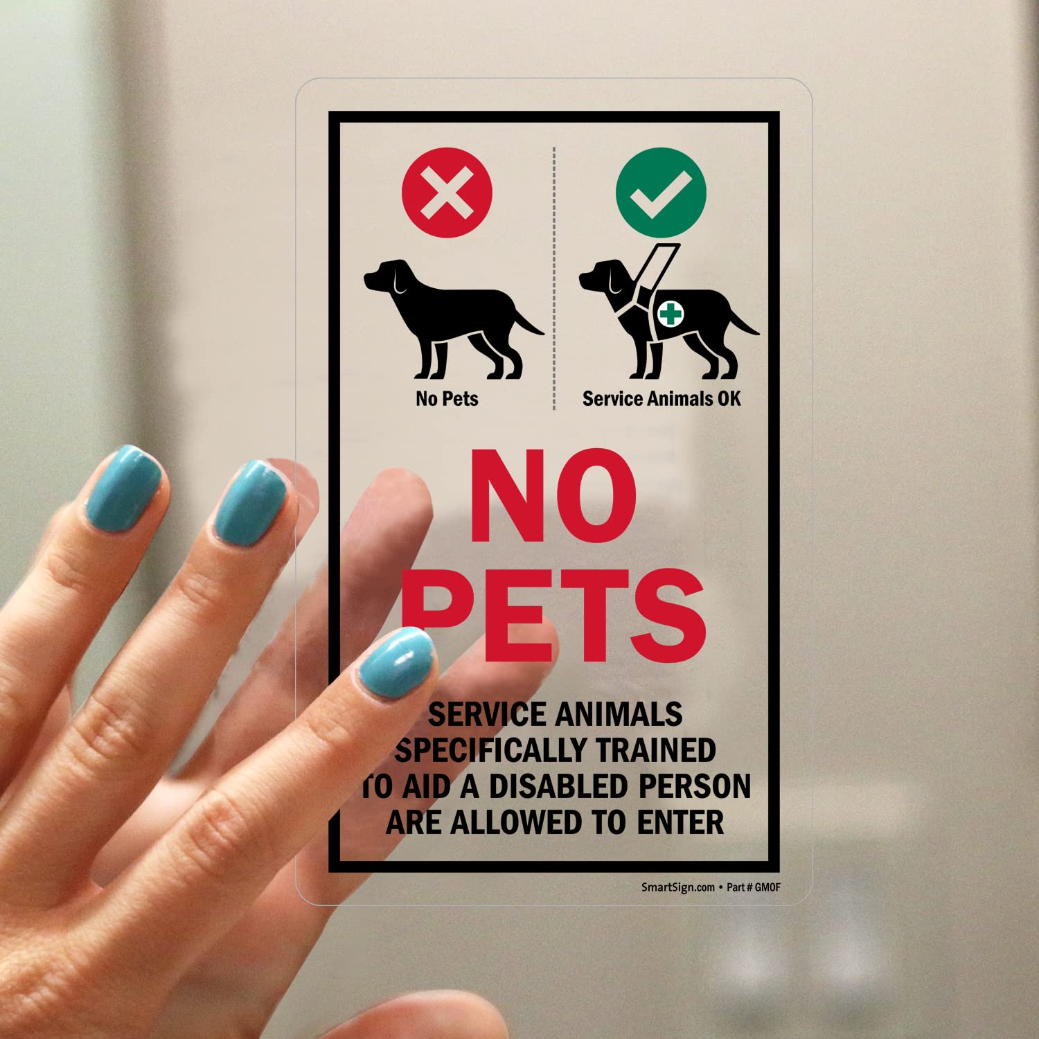 SmartSign No Pets Service Animals Window Decal, installation-ready interior mounting step.