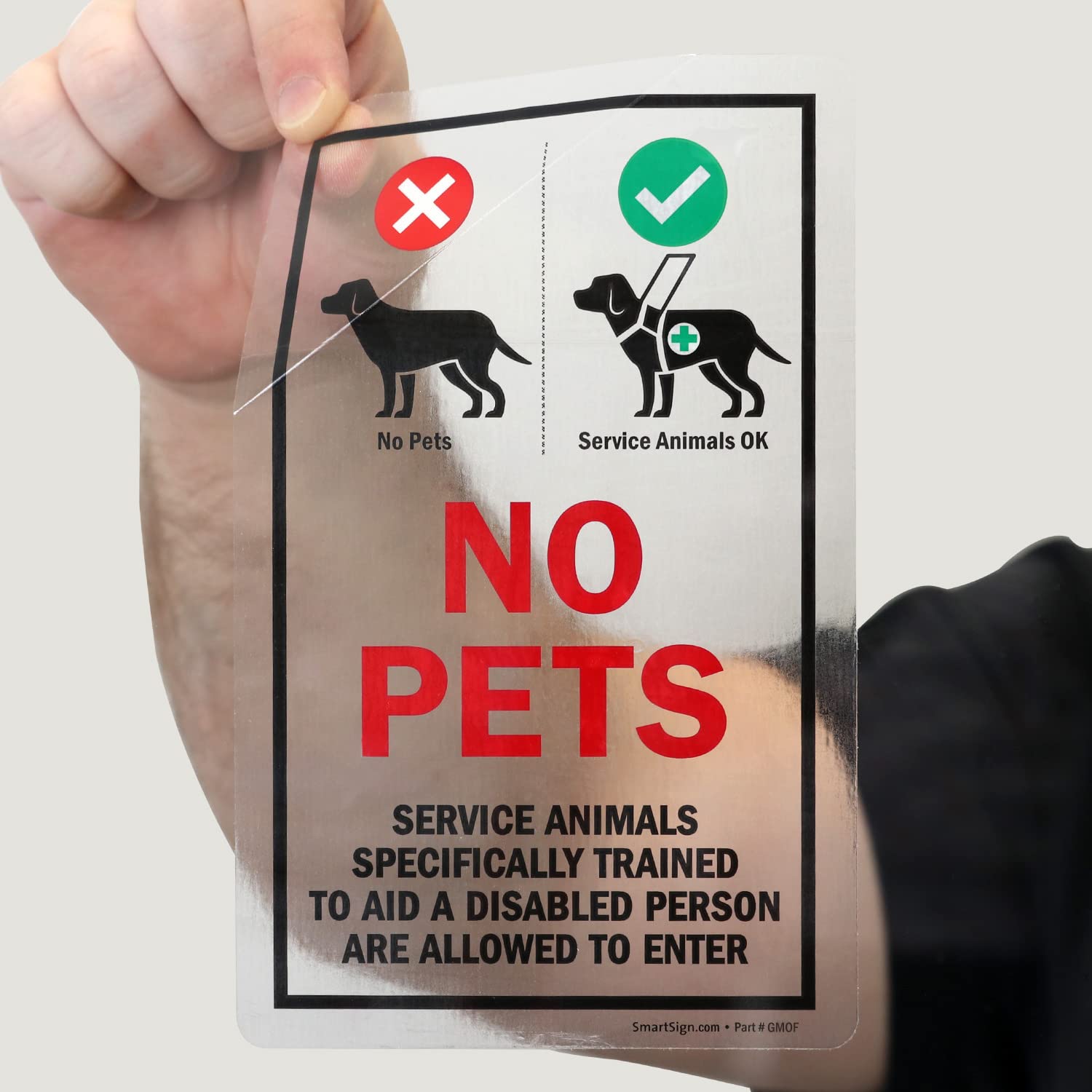 SmartSign No Pets Service Animals Window Decal, red-black-green color detail for contrast.