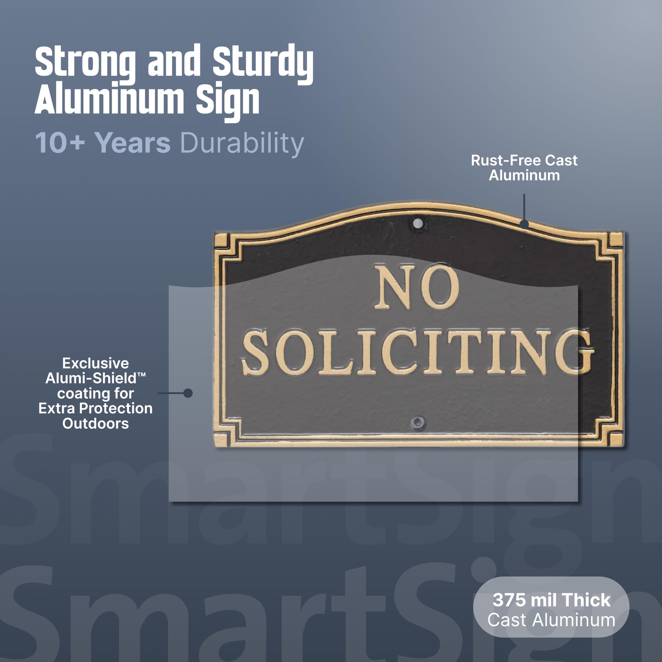 SmartSign no soliciting sign plate closeup highlighting corrosion-resistant finish.