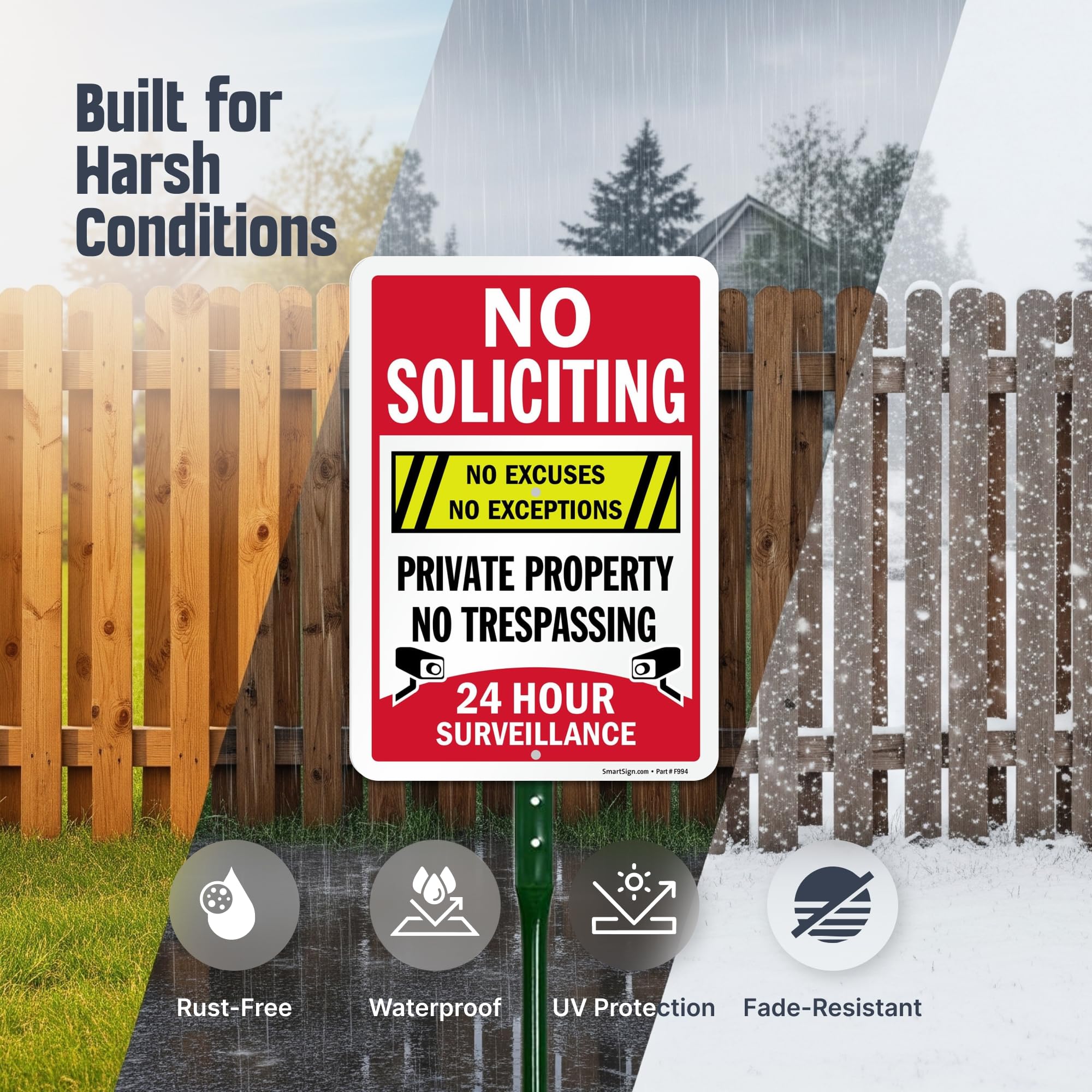SmartSign no-trespassing yard sign side view reinforces boundary presence for homeowners.
