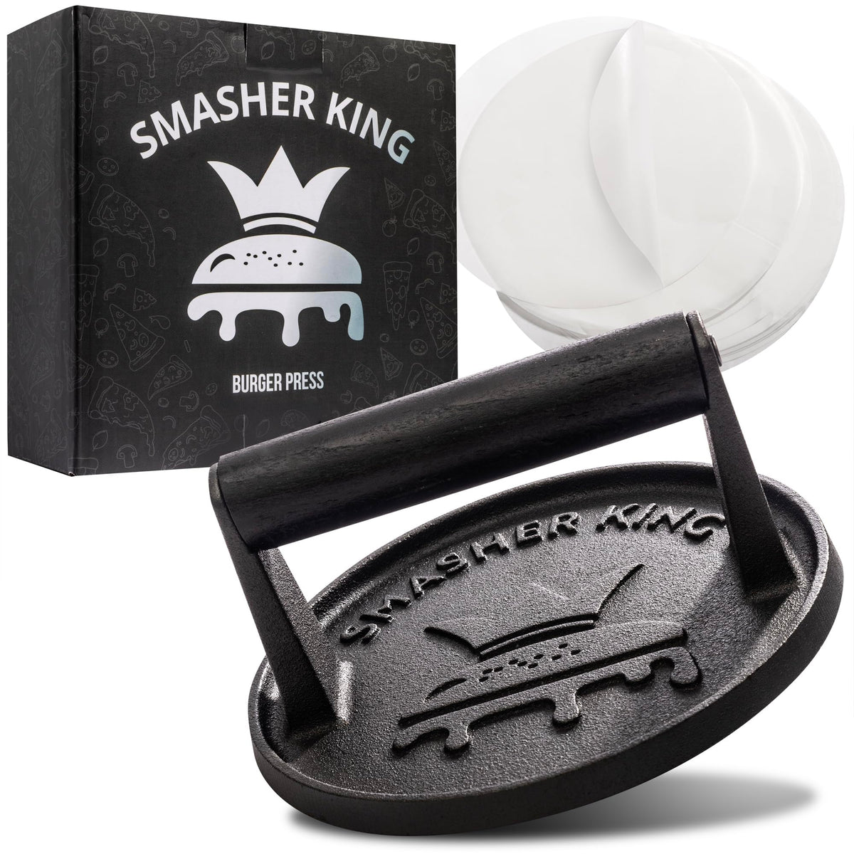 SMASHER KING premium cast iron burger press for a perfect sear