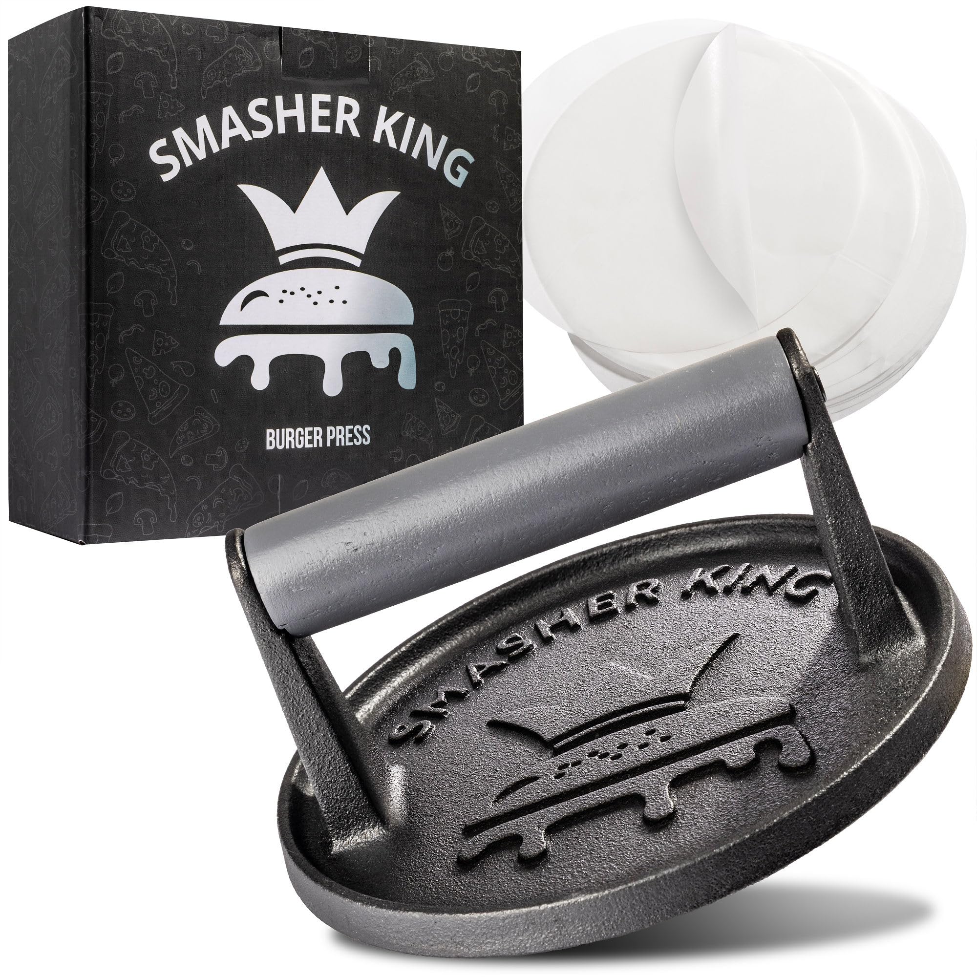 SMASHER KING smash burger press on cast iron base for even searing