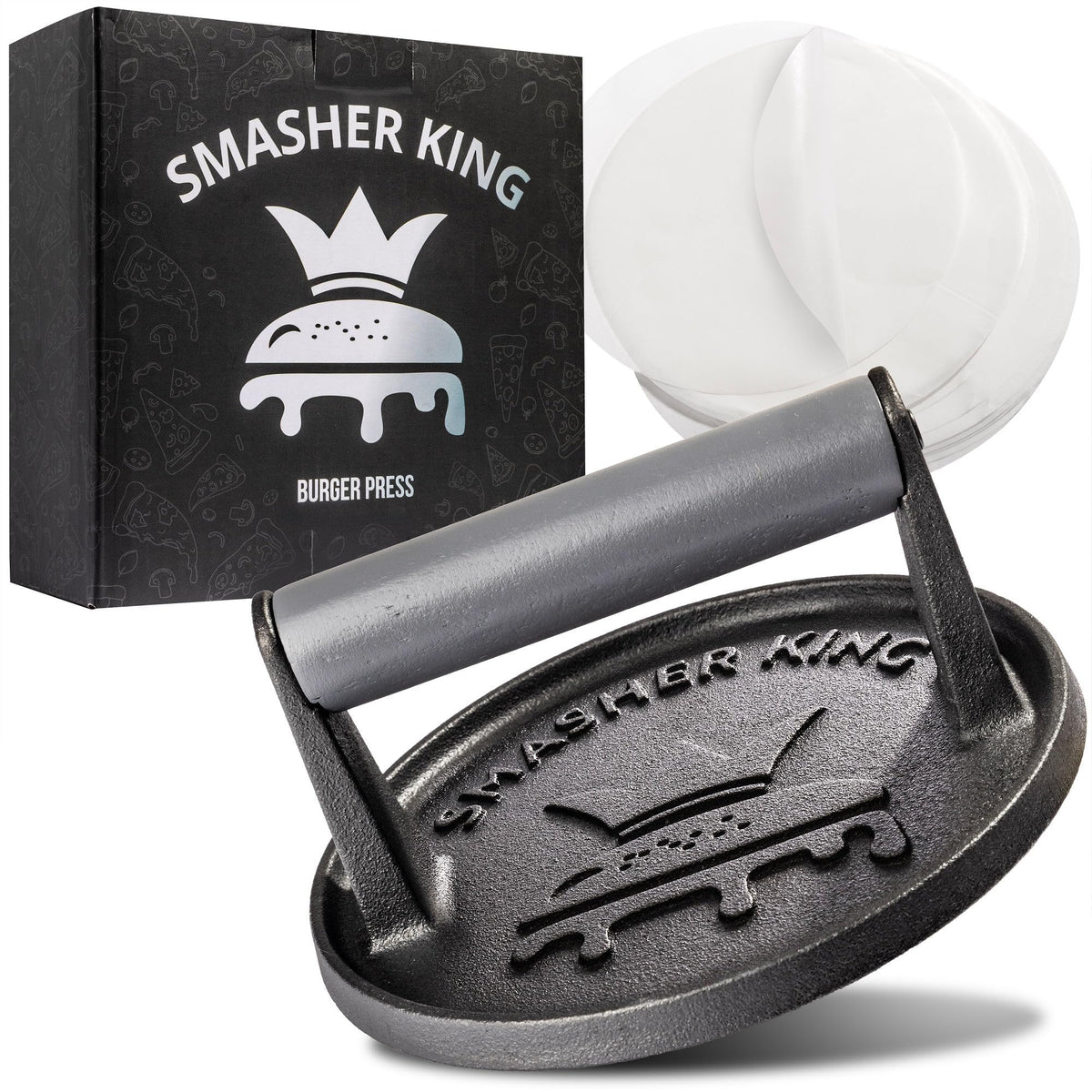 SMASHER KING smash burger press on cast iron base for even searing