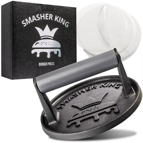 SMASHER KING smash burger press on cast iron base for even searing