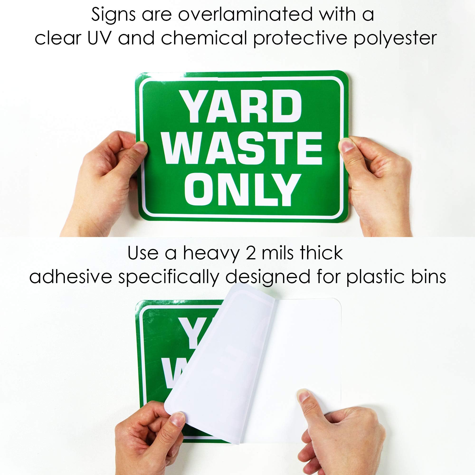 Waterproof SMASMILE yard waste sticker on a green bin