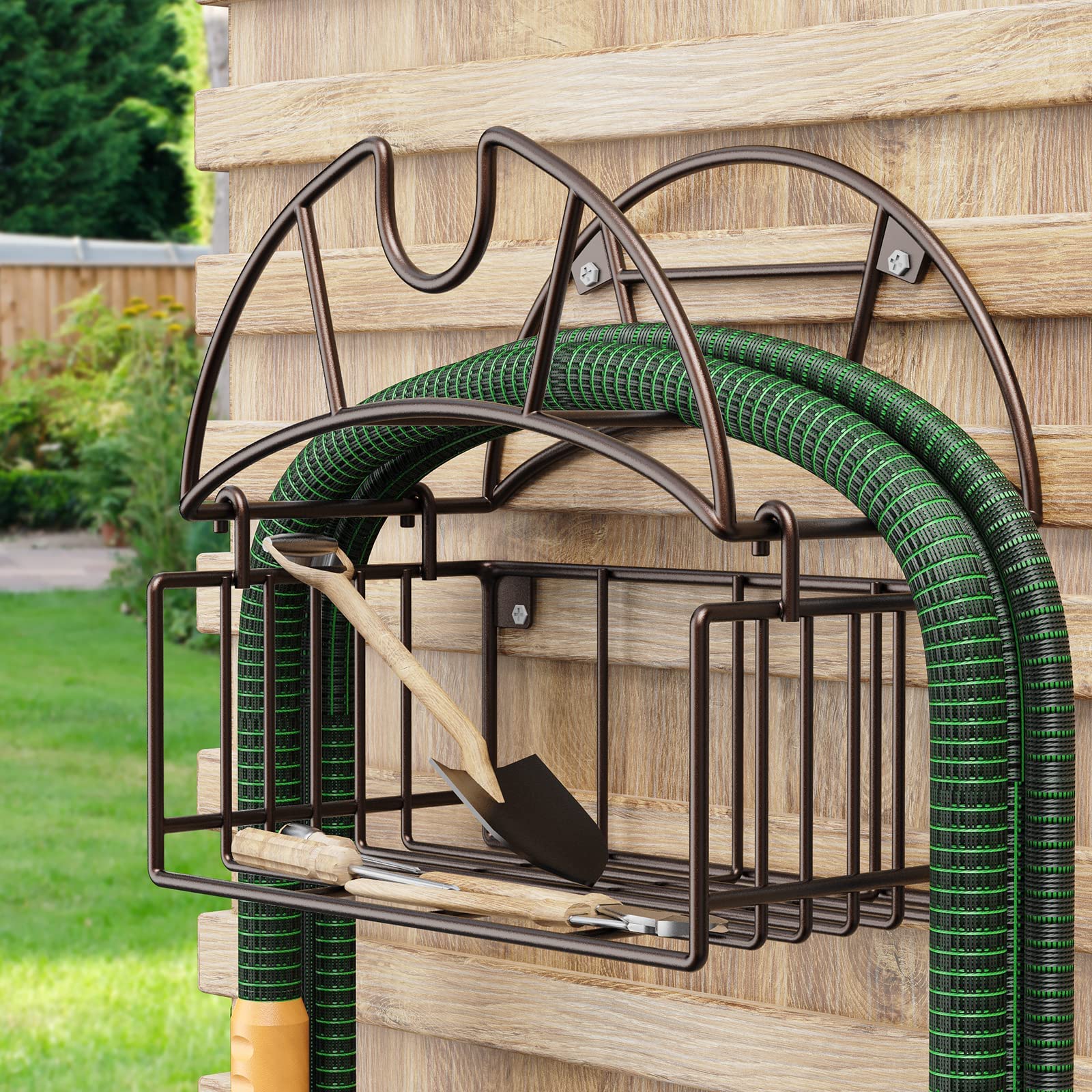 Smatorga hose reel wall-mount hanger keeps outdoor hose neatly organized