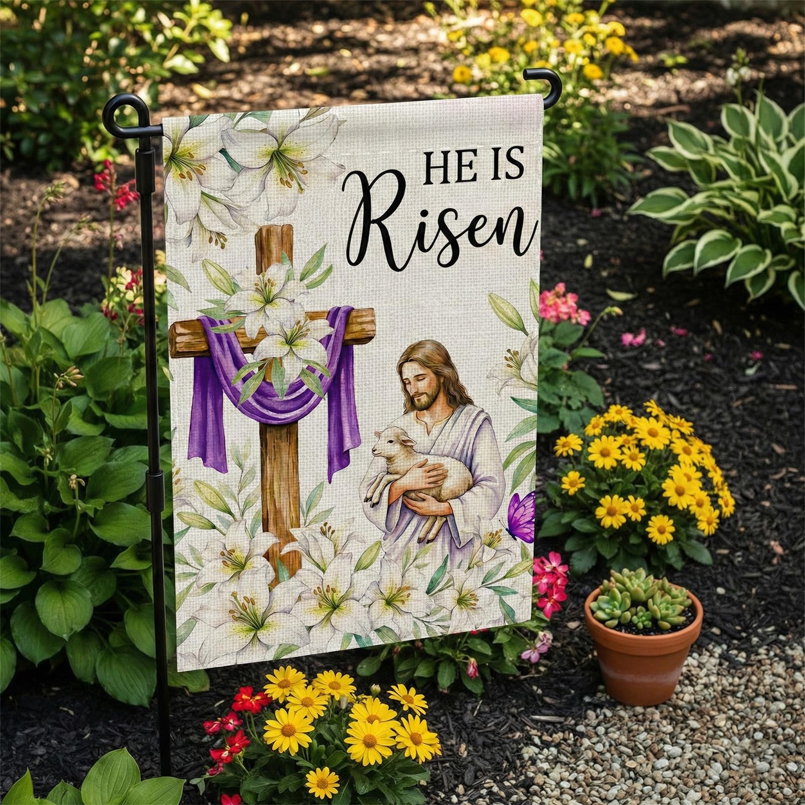 SMBLCE Easter garden flag with cross and lilies, durable polyester for outdoor use.