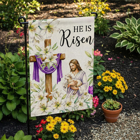 SMBLCE Easter garden flag with cross and lilies, durable polyester for outdoor use.