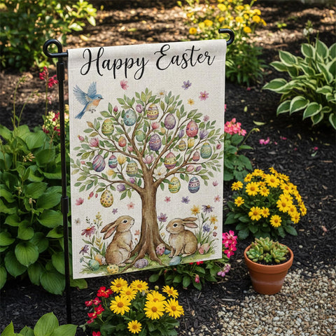 SMBLCE Happy Easter garden flag back view shows double-sided visibility