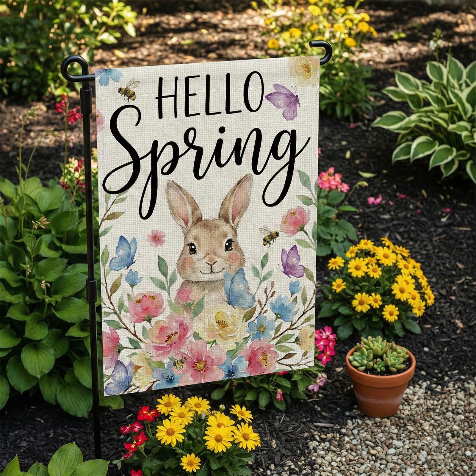 SMBLCE Hello Spring flag with a rabbit accent for garden charm