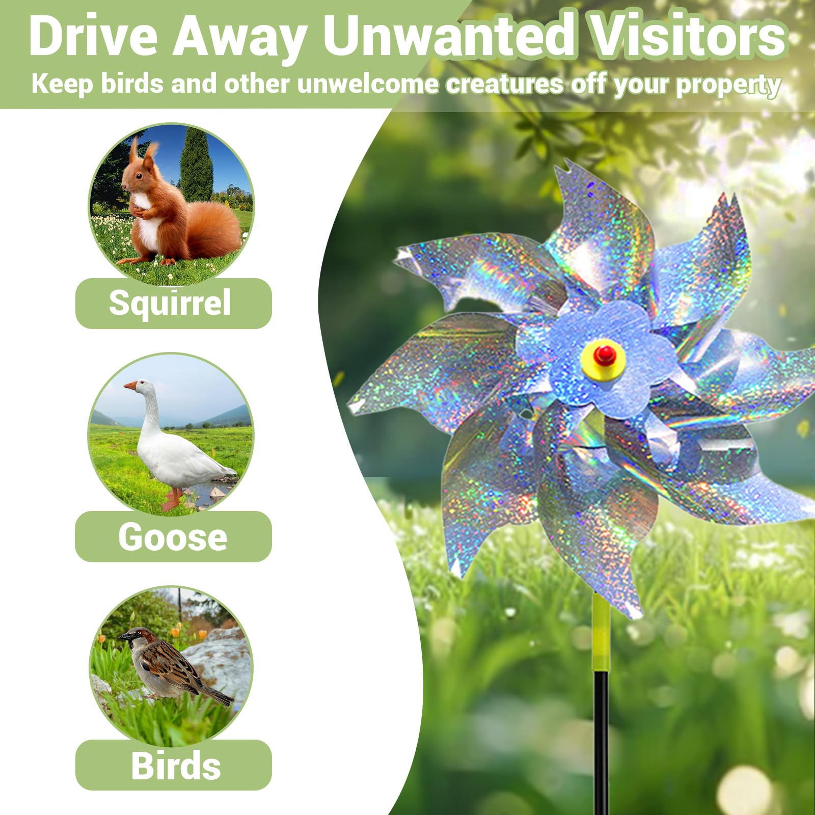 SMD35 Pinwheels reflect sunlight creating flashes and motion for bird deterrence in the garden