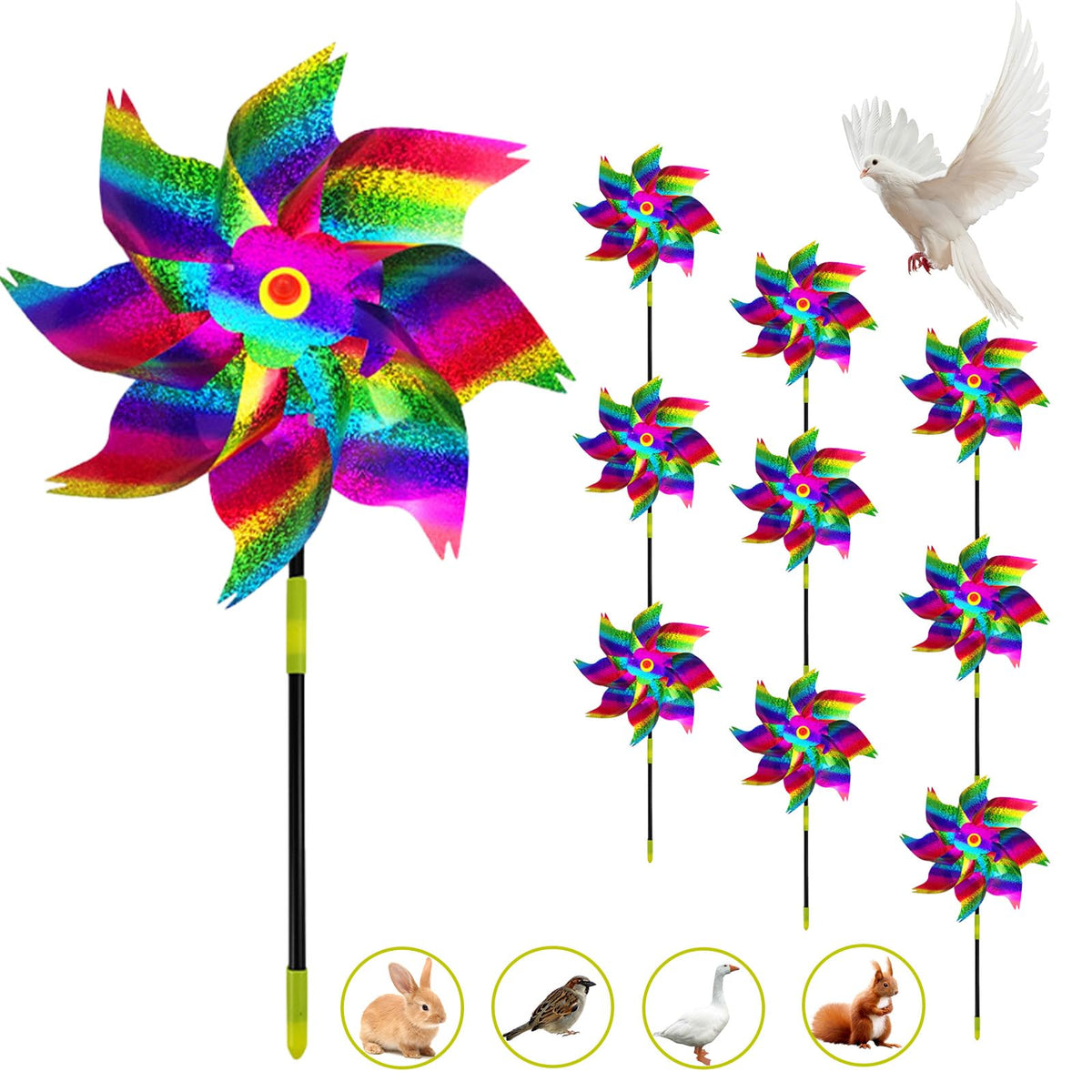 SMD35 pinwheels yard deterrent with reflective rainbow blades for outdoor decor and bird deterrence.