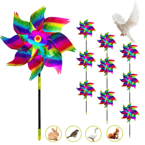 SMD35 pinwheels yard deterrent with reflective rainbow blades for outdoor decor and bird deterrence.