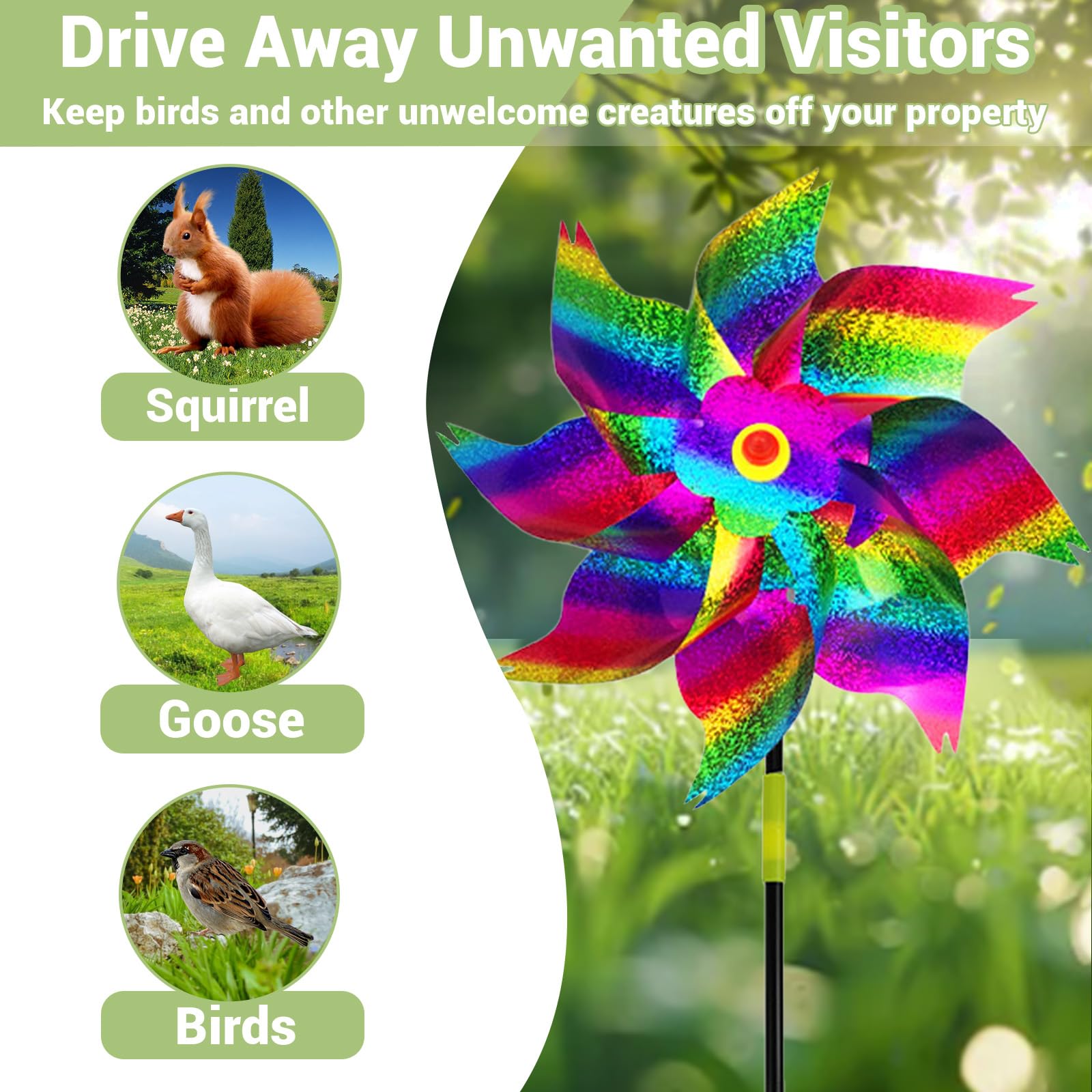 SMD35 pinwheels yard garden deterrent — shimmering blades deter birds while brightening spaces.