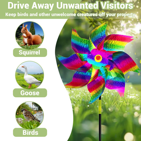 SMD35 pinwheels yard garden deterrent — shimmering blades deter birds while brightening spaces.