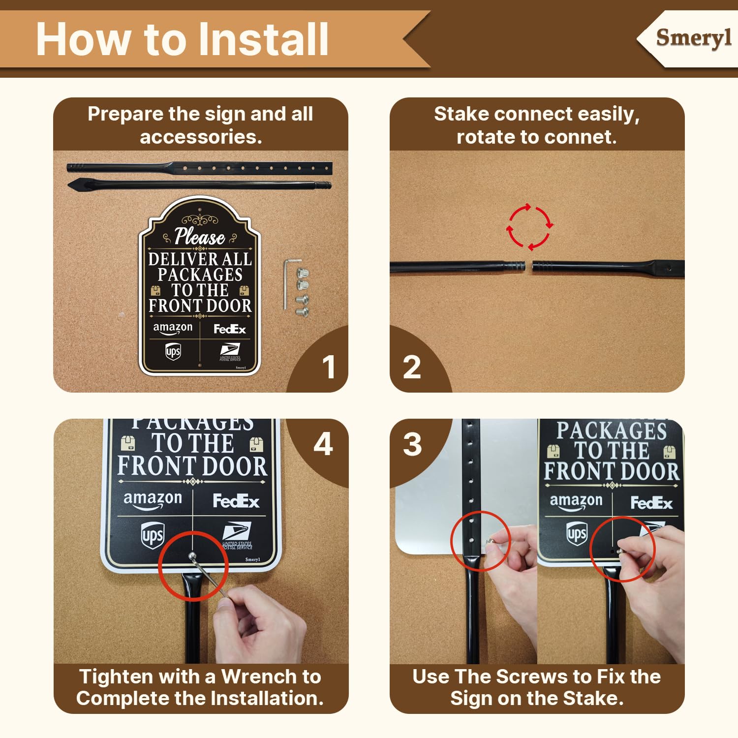 Smeryl delivery sign 12x8-inch panel for clear package instructions.