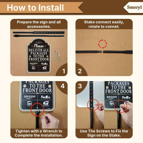 Smeryl delivery sign 12x8-inch panel for clear package instructions.