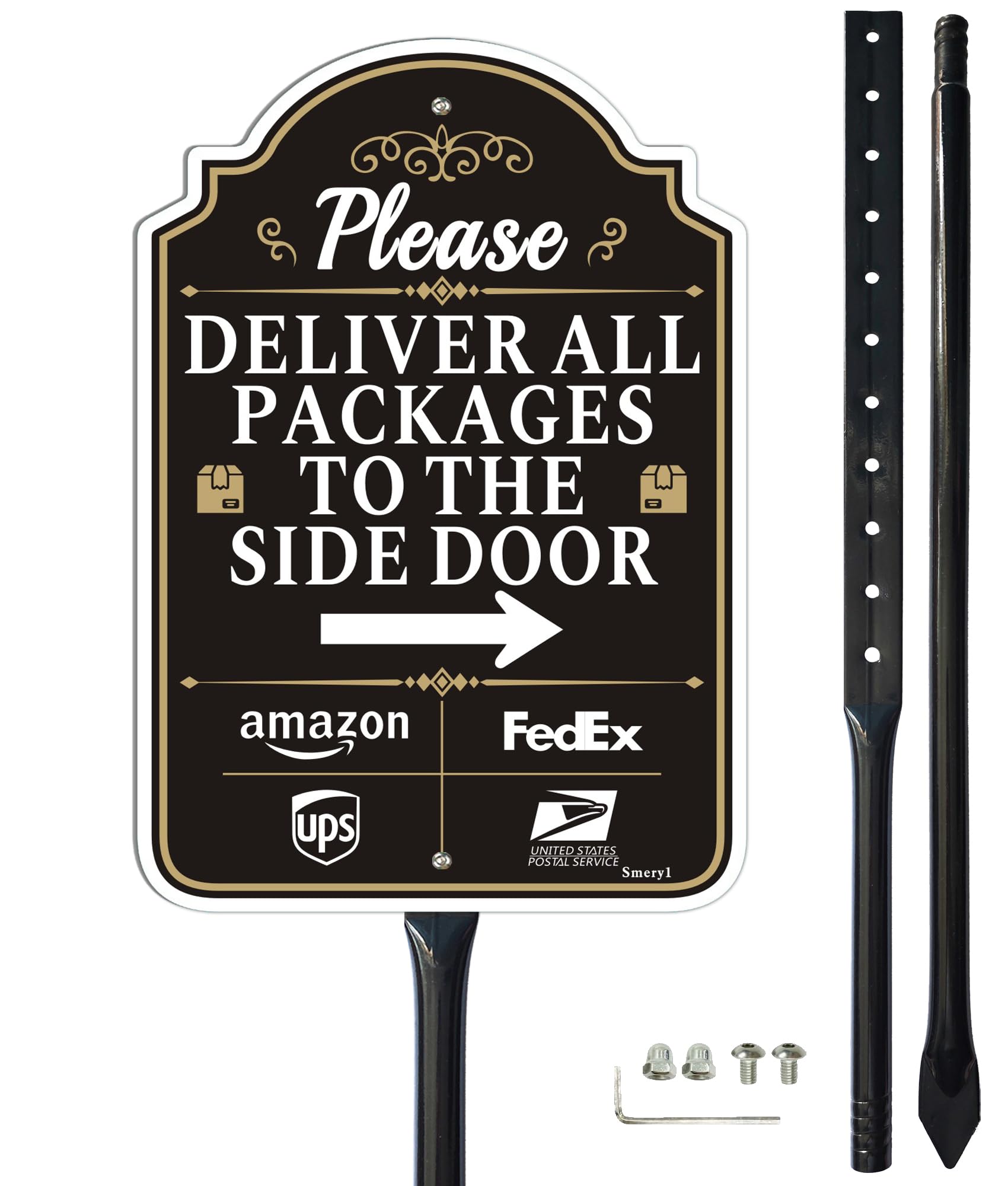 Smeryl delivery sign arrow right front view guides couriers to the side door for reliable deliveries