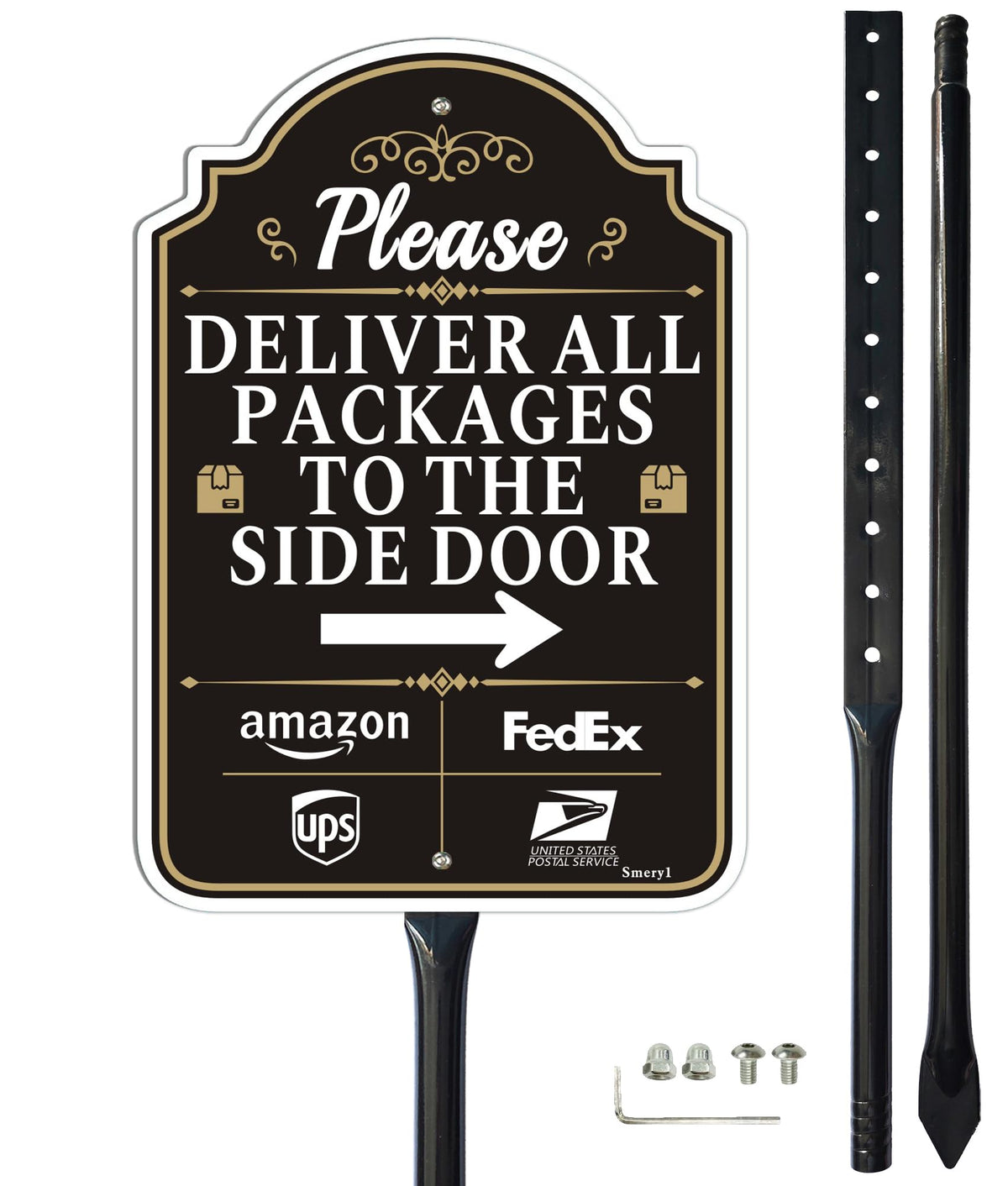 Smeryl delivery sign arrow right front view guides couriers to the side door for reliable deliveries
