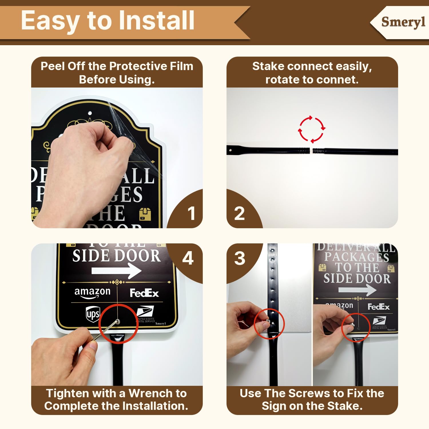 Smeryl delivery sign easy installation image highlights quick setup without tools