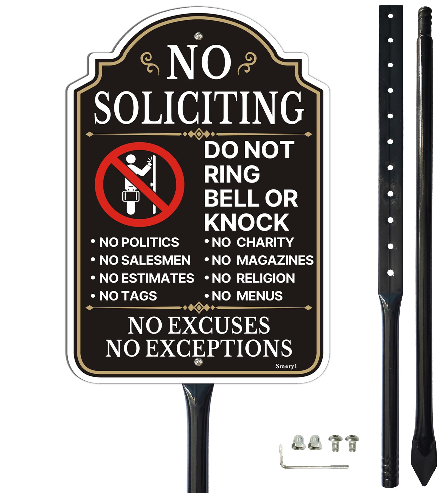 Smeryl No Soliciting sign on a sturdy yard stake at the entrance boosts curb appeal