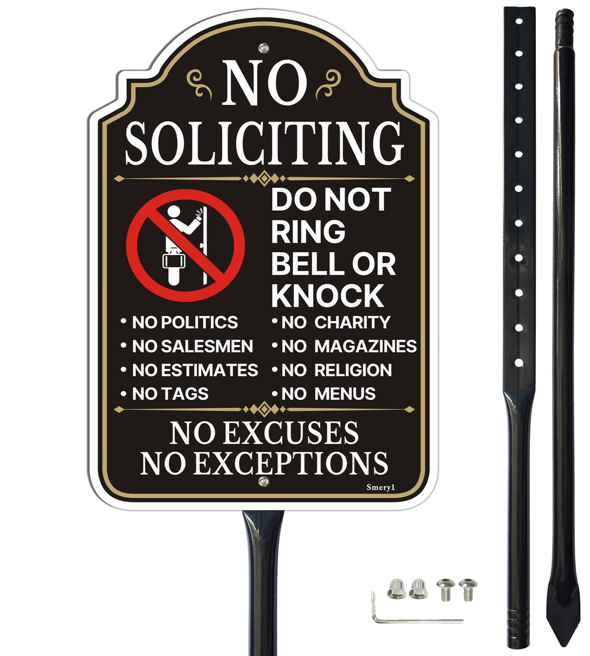 Smeryl No Soliciting sign on a sturdy yard stake at the entrance boosts curb appeal