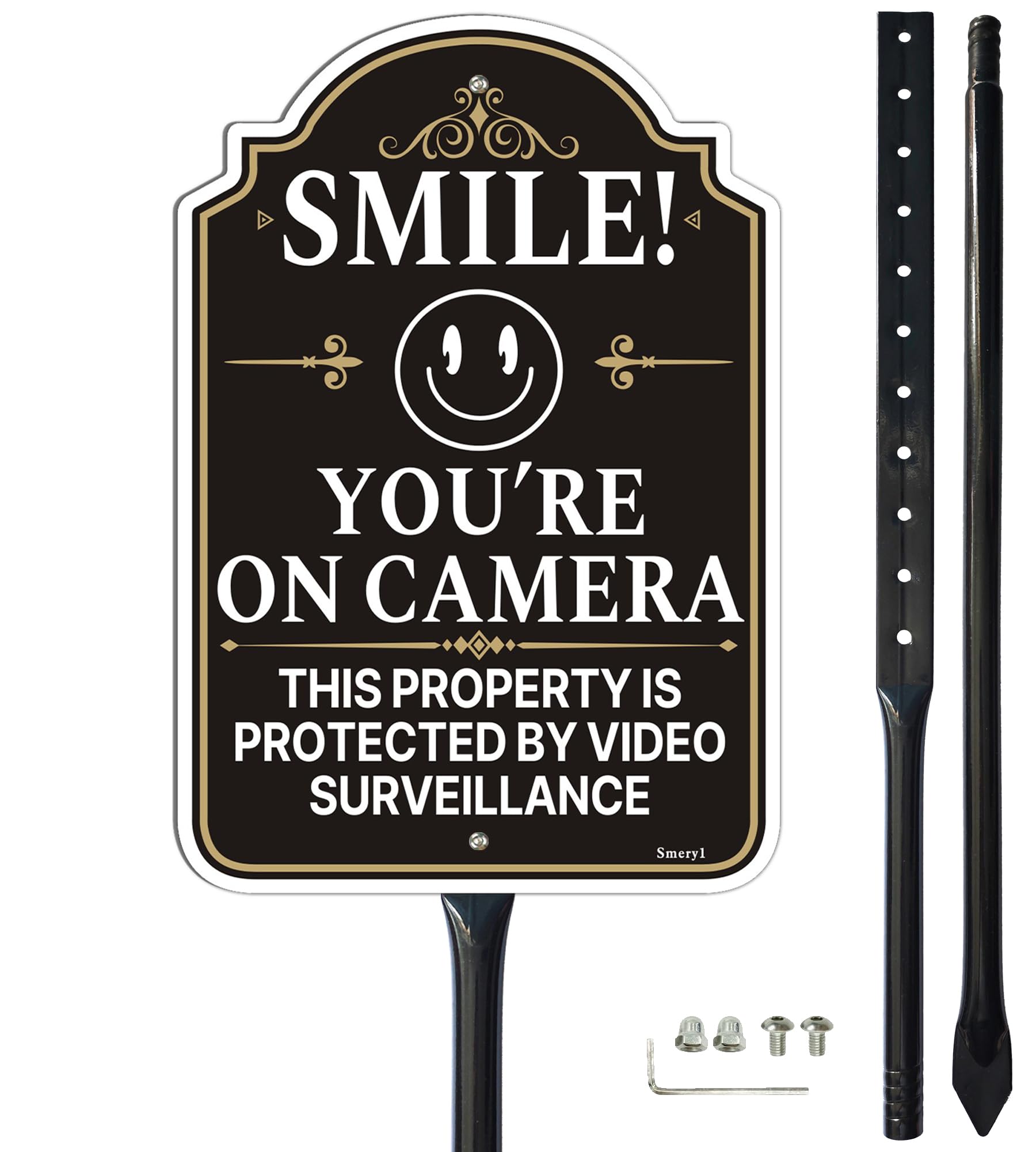 Smeryl Smile You're On Camera sign with 34.6-inch stake for clear outdoor visibility