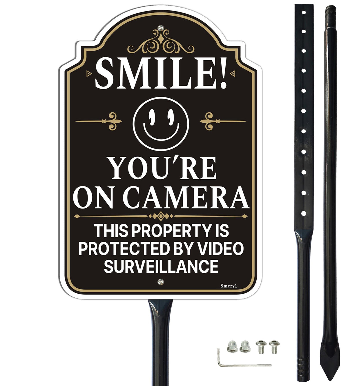 Smeryl Smile You're On Camera sign with 34.6-inch stake for clear outdoor visibility