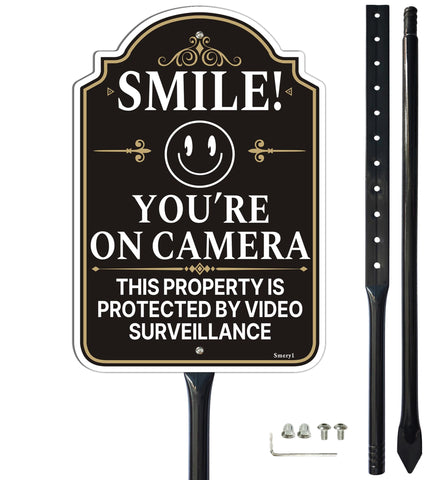 Smeryl Smile You're On Camera sign with 34.6-inch stake for clear outdoor visibility