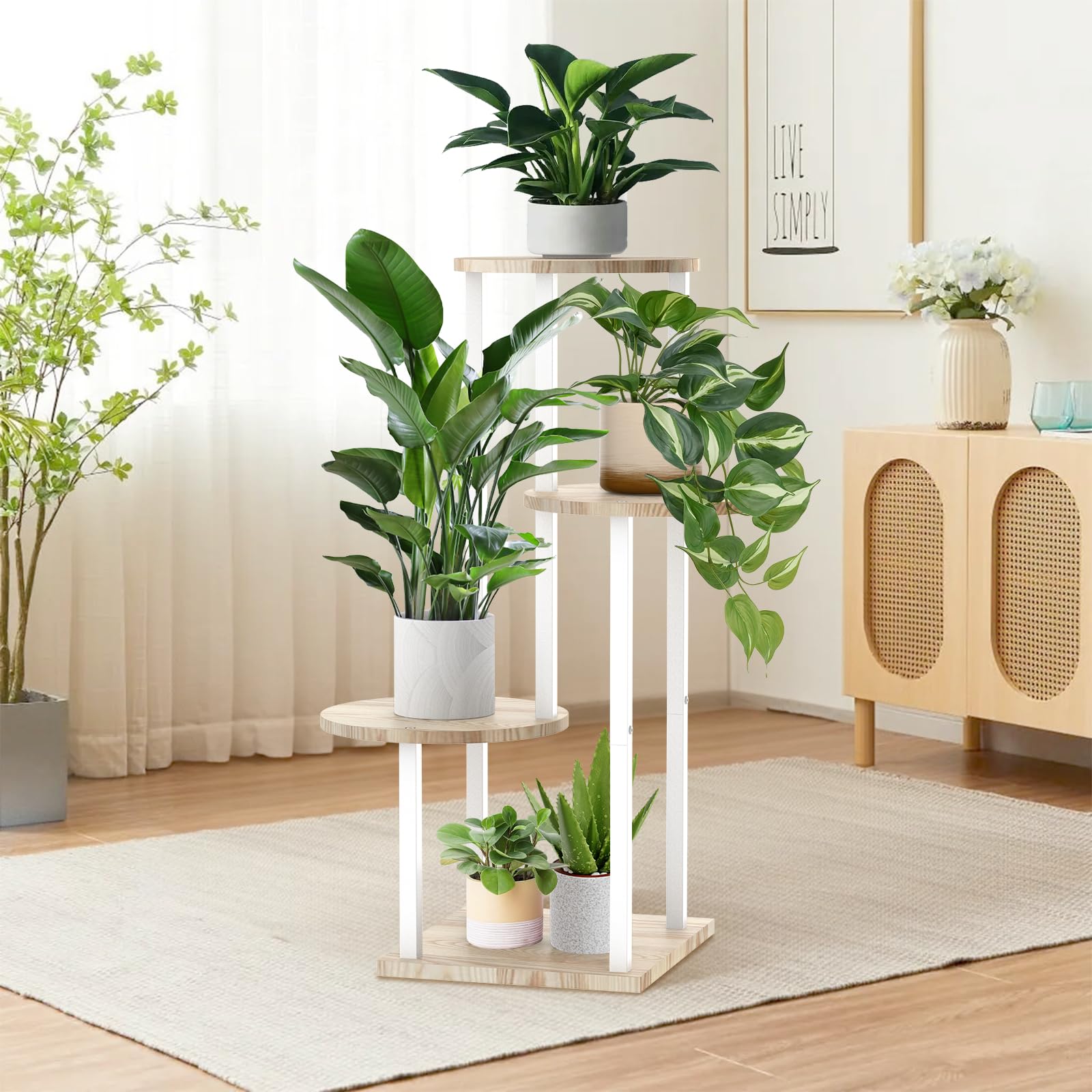 SMFANLIN plant stand in living room corner demonstrating space-saving display for multiple pots